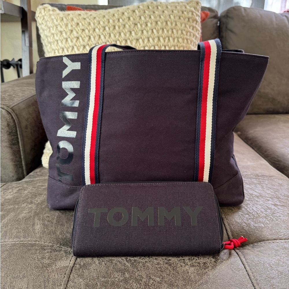Tommy Hilfiger Black Tote and Wallet Set with Red and White Straps